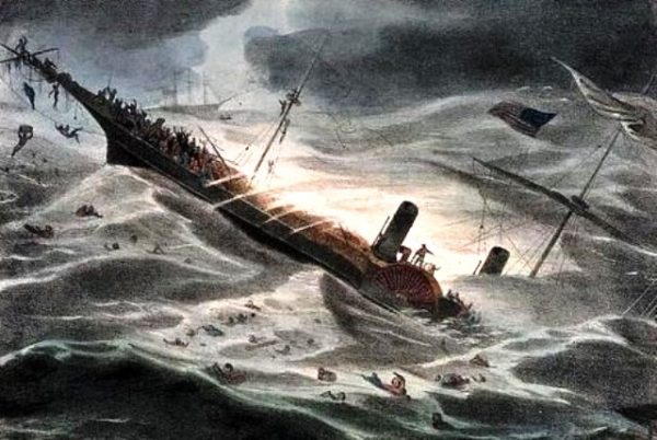 Tranh vẽ minh họa cảnh tàu SS Central America bị đắm trong bão lớn. 