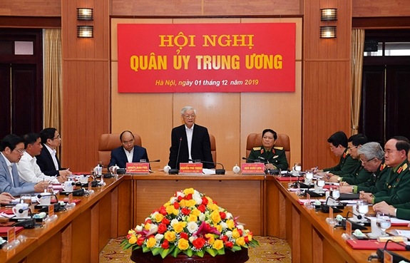 Tổng Bí thư, Chủ tịch nước Nguyễn Phú Trọng, Bí thư Quân ủy Trung ương phát biểu tại Hội nghị