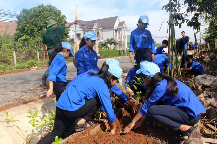 Đoàn viên, thanh niên của huyện ra quân trồng cây tại xã Liên Hiệp. Ảnh: N.Minh