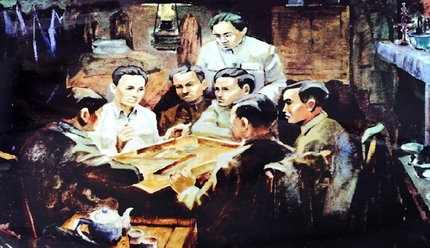 Hội nghị thành lập Ðảng Cộng sản Việt Nam năm 1930. Tranh của họa sĩ Phan Kế An