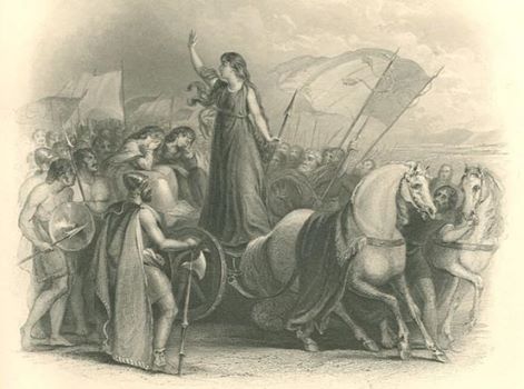 Nữ hoàng Boudicca triệu tập binh lính cùng 2 con gái của bà. Ảnh: Ancient Origins