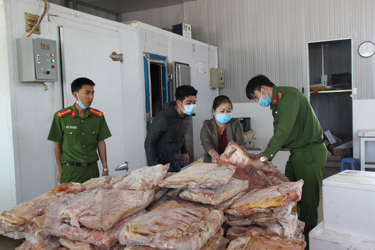 Lực lượng chức năng kiểm tra số thịt đông lạnh tại Công ty Phú Đặng Gia Thịnh