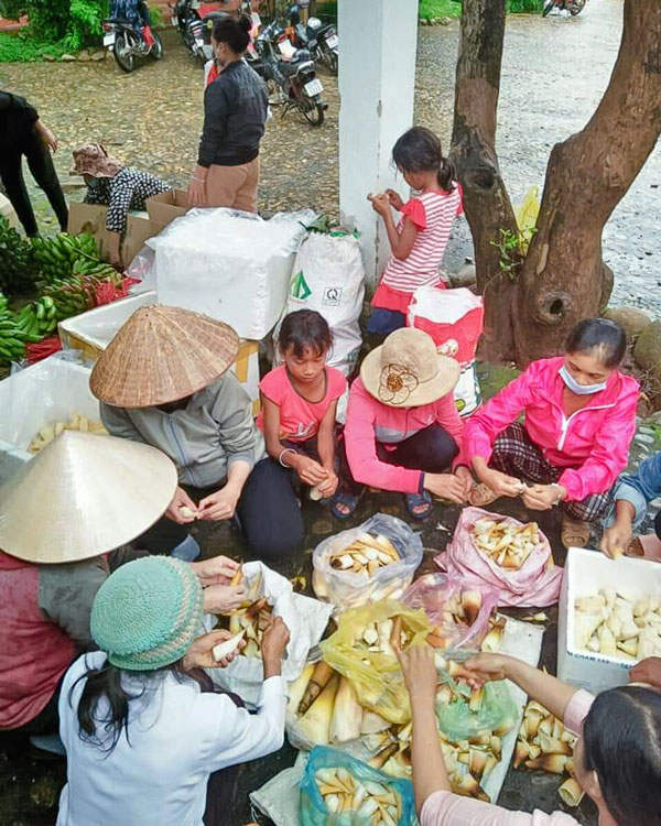 Chị em phụ nữ xã Đạ Tông hái măng rừng ủng hộ vùng dịch