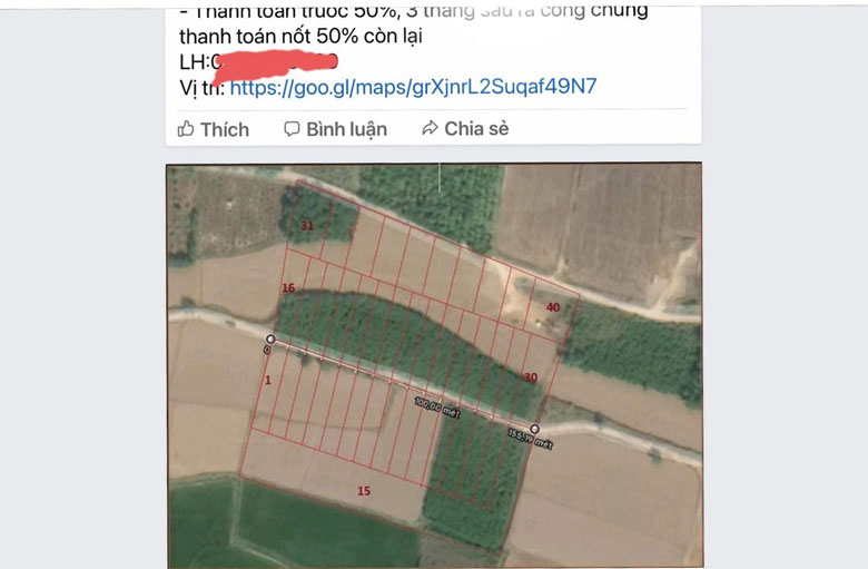 Một trường hợp tự vẽ bản đồ phân lô, bán nền trên đất trồng lúa của người khác tại Tổ dân phố 5, thị trấn Cát Tiên được đăng trên một nhóm mua bán đất ở huyện Cát Tiên.