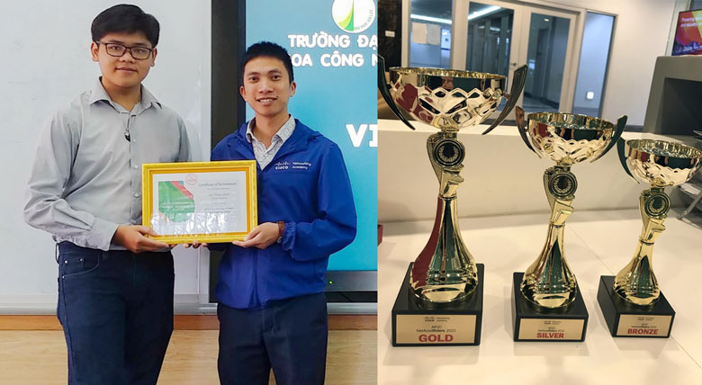 Sinh viên Lê Thiên Anh (trái) và Cup giải Nhì toàn châu lục đang được Ban tổ chức chuyển về