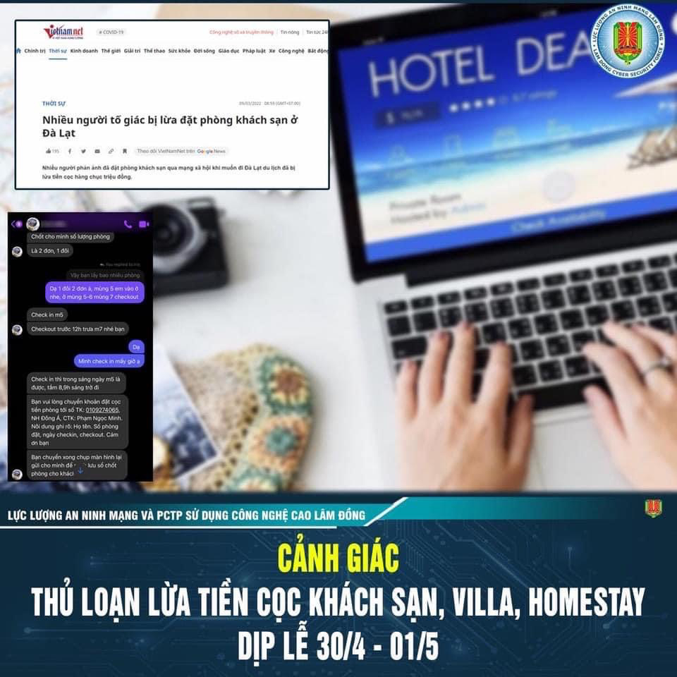 Cần cảnh giác trước thủ đoạn lừa đảo khi có nhu cầu đặt phòng khách sạn, villa, homestay (ảnh: Công an tỉnh Lâm Đồng)
