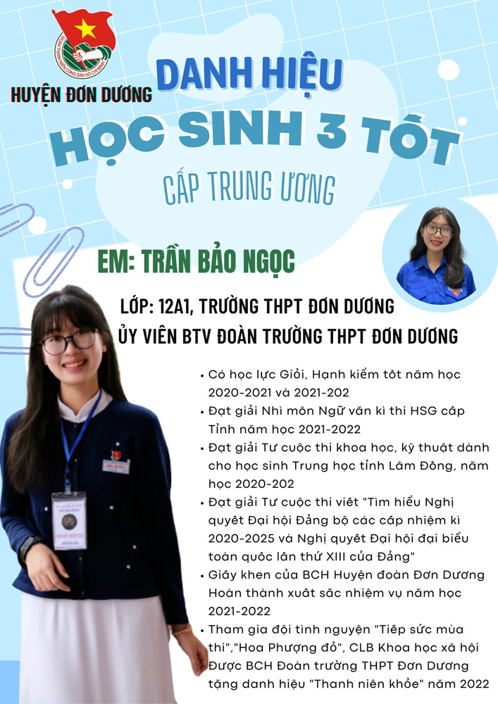 Em Trần Bảo Ngọc, học sinh lớp 12A1, Trường THPT Đơn Dương đạt danh hiệu Học sinh 3 tốt cấp Trung ương năm 2022