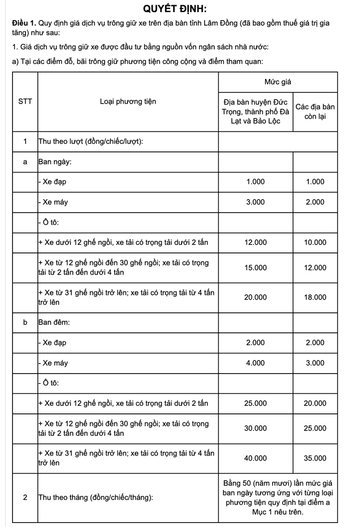Quy định giá giữ xe theo Quyết định số 64/2016/QĐ-UBND ngày 21/12/2016 của UBND tỉnh Lâm Đồng
