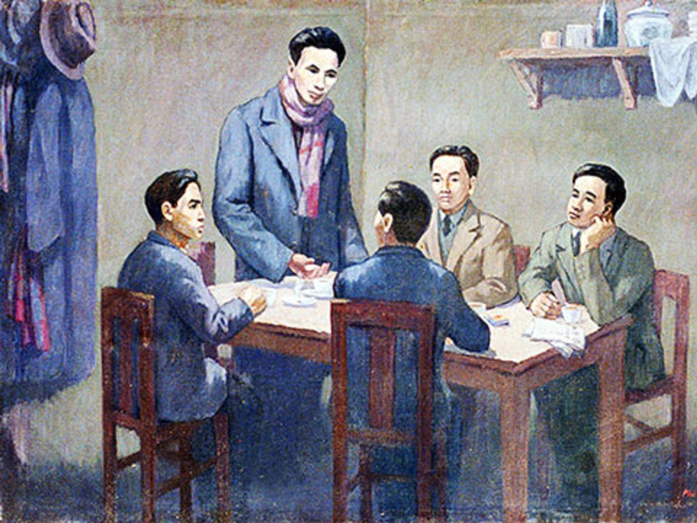 Chủ tịch Hồ Chí Minh (người đứng), người sáng lập Đảng Cộng sản Việt Nam.
Tranh minh họa Hội nghị thành lập Đảng vào mùa xuân năm 1930 của họa sĩ Phi Hoanh tại Bảo tàng Lịch sử Cách mạng Việt Nam