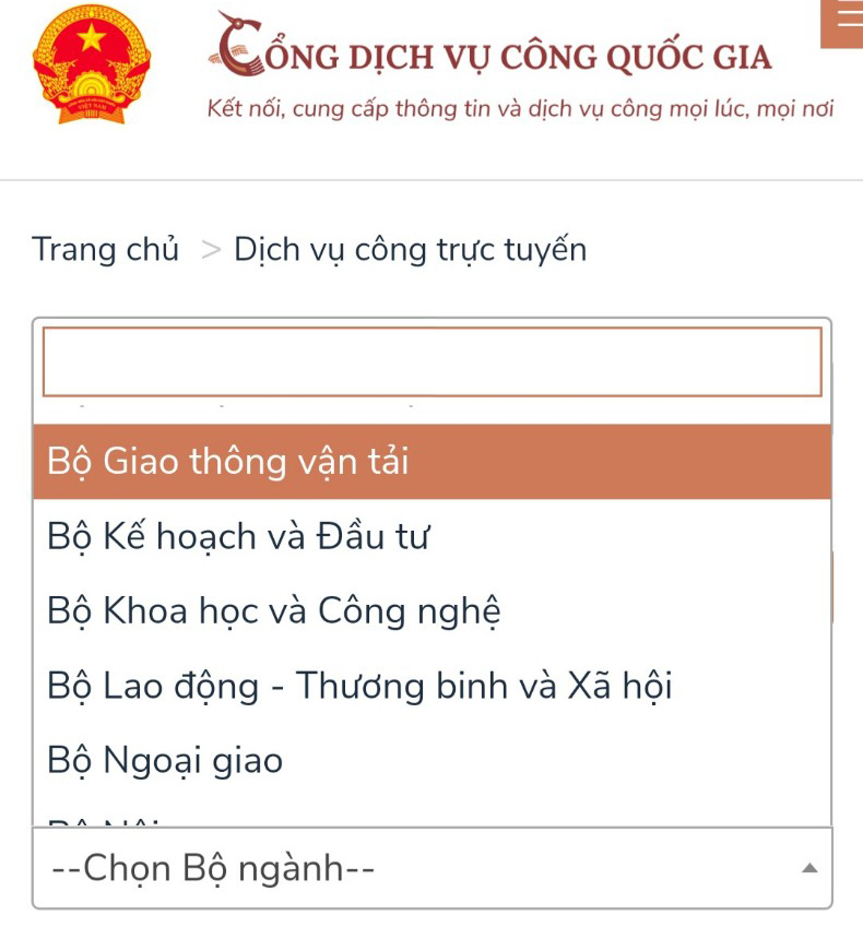 Trang chủ của Cổng dịch vụ công trực tuyến quốc gia