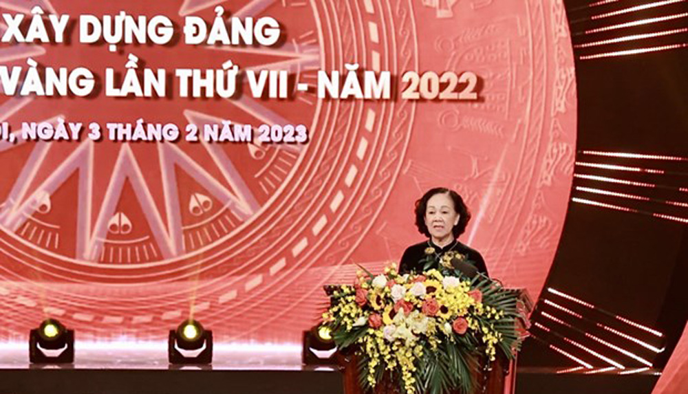 Bà Trương Thị Mai, Ủy viên Bộ Chính trị, Bí thư Trung ương Đảng, Trưởng Ban Tổ chức Trung ương phát động Giải báo chí toàn quốc về xây dựng Đảng (Giải Búa liềm vàng) lần thứ VIII-năm 2023