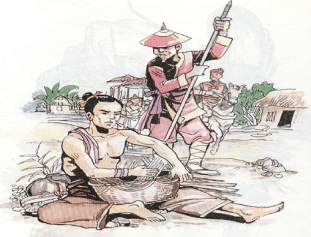 Tranh minh họa cảnh Phạm Ngũ Lão đang ngồi đan sọt thì bị lính dùng giáo đâm vào chân
