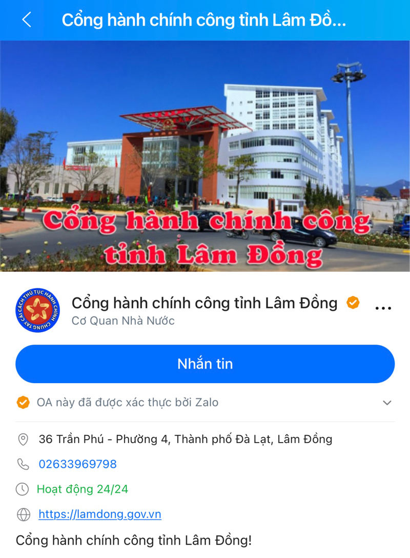 Cổng hành chính công tỉnh Lâm Đồng trên nền tảng Zalo
