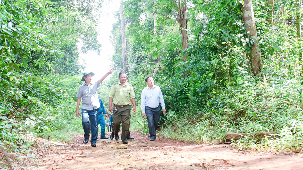 Lãnh đạo huyện Đạ Tẻh cùng các đơn vị chức năng, hộ dân tham gia nhận khoán đi kiểm tra rừng trên địa bàn