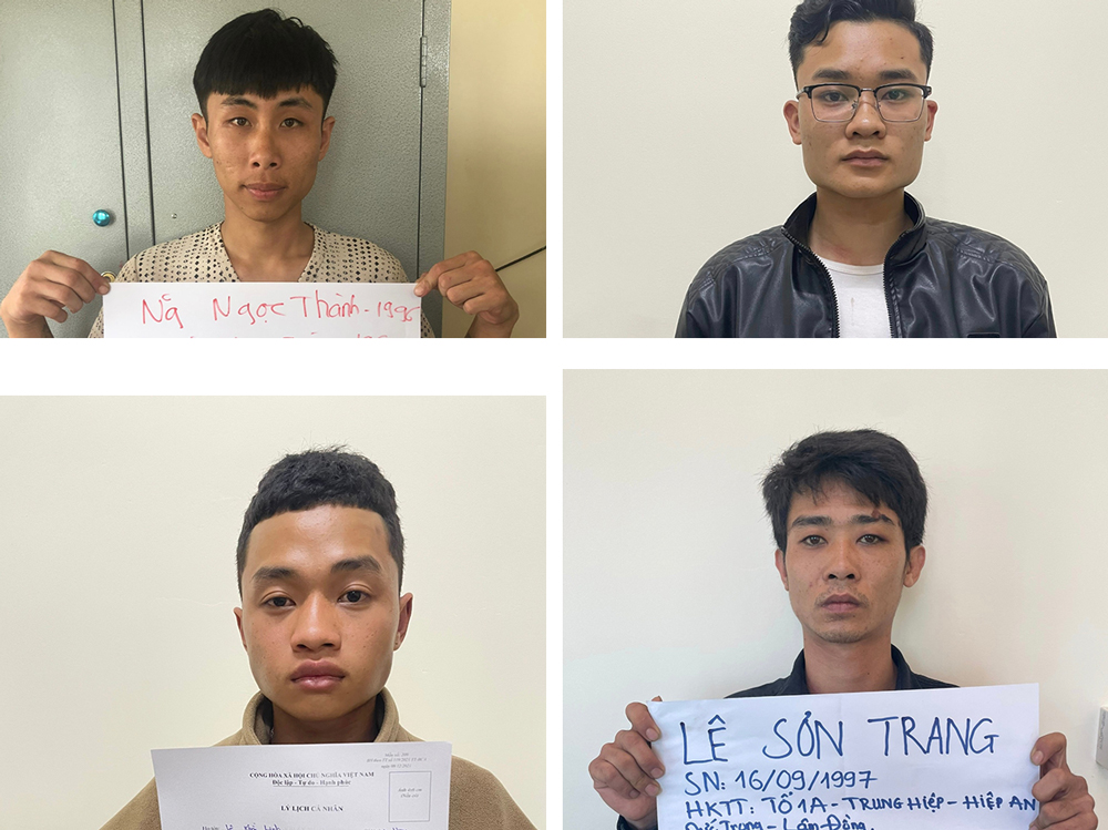 Các đối tượng đang bị tạm giữ, từ trái sang Nguyễn Ngọc Thành, Lê Sơn Chung, Lê Khắc Linh, Lê Sơn Trang 