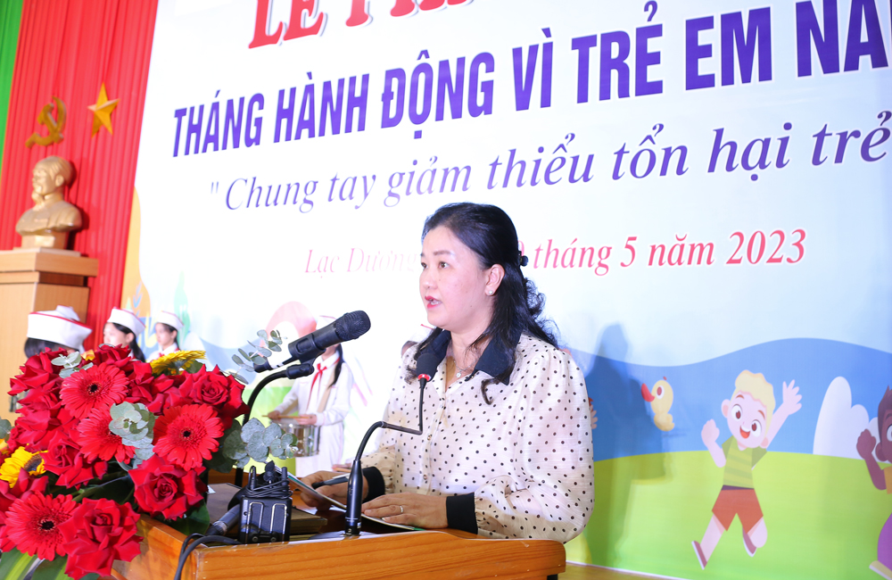 Bà Lê Thị Thêu – Giám đốc Sở Lao động Thương binh và Xã hội phát biểu phát động Tháng hành động vì trẻ em tỉnh Lâm Đồng năm 2023