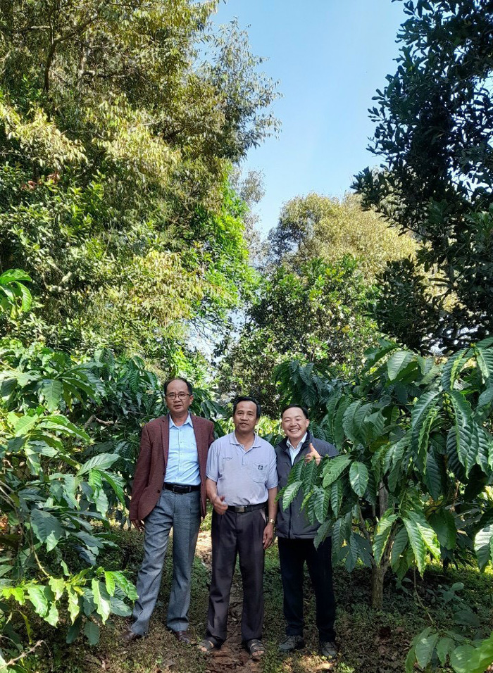 Khu vườn 1 ha cà phê cảnh quan của nhà nông Trịnh Tấn Vinh ở xã Đinh Lạc, huyện Di Linh với nhiều tầng cây cộng sinh xanh tốt, mang về lợi nhuận ổn định hàng năm
