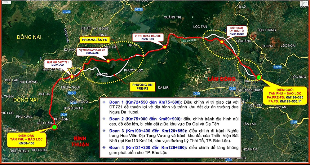 Bình đồ tuyến cao tốc Tân Phú - Bảo Lộc và 4 đoạn điều chỉnh cục bộ