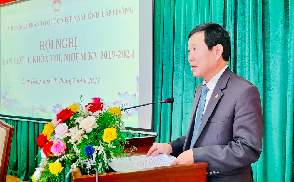 Chủ tịch Ủy ban MTTQ tỉnh Phạm Triều phát biểu chỉ đạo thực hiện nhiệm vụ 6 tháng cuối năm 2023