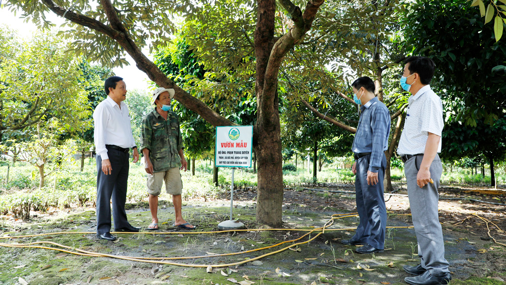 Lãnh đạo huyện Cát Tiên thăm một hộ gia đình chuyển đổi cây điều sang sầu riêng hiệu quả cao tại địa phương