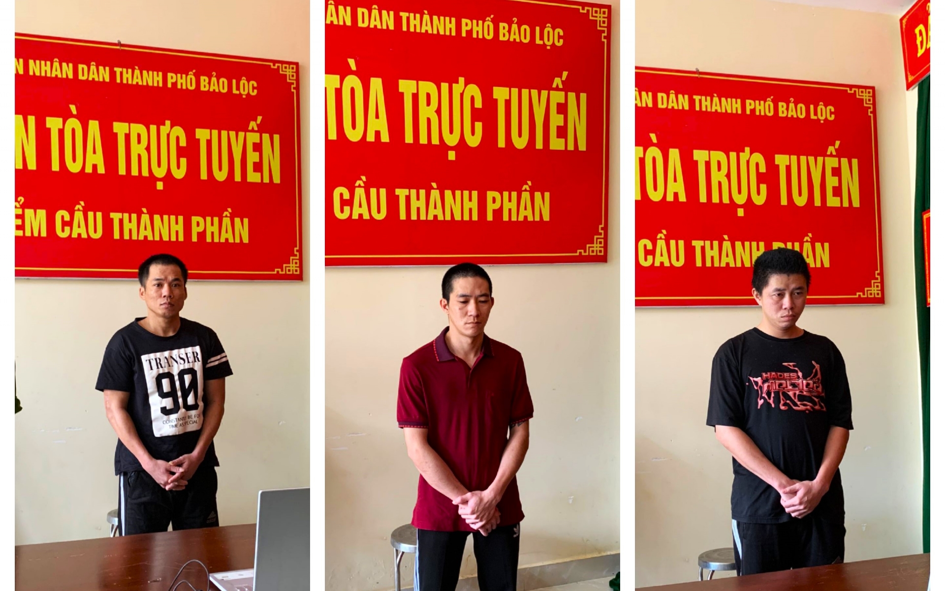 Các bị cáo Trần Thanh Hải, Trần Minh Hoàng và Đỗ Quyết Tiến (thứ tự từ trái qua) tại điểm cầu nhà tạm giữ Công an TP Bảo Lộc trong các phiên tòa xét xử trực tuyến