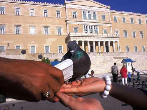 Nhà quốc hội Hy Lạp với kiến trúc cổ điển và quảng trường rộng phía trước là nơi tụ tập rất đông người dân Athens. Họ đến đây để tán gẫu, nhâm nhi một ly rượu, hay cho chim bồ câu ăn và ngắm người qua kẻ lại