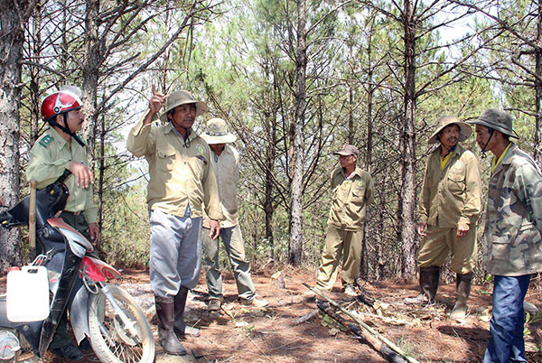 Hội ý nhóm trước khi đi tuần tra bảo vệ rừng ở xã Phú Hội