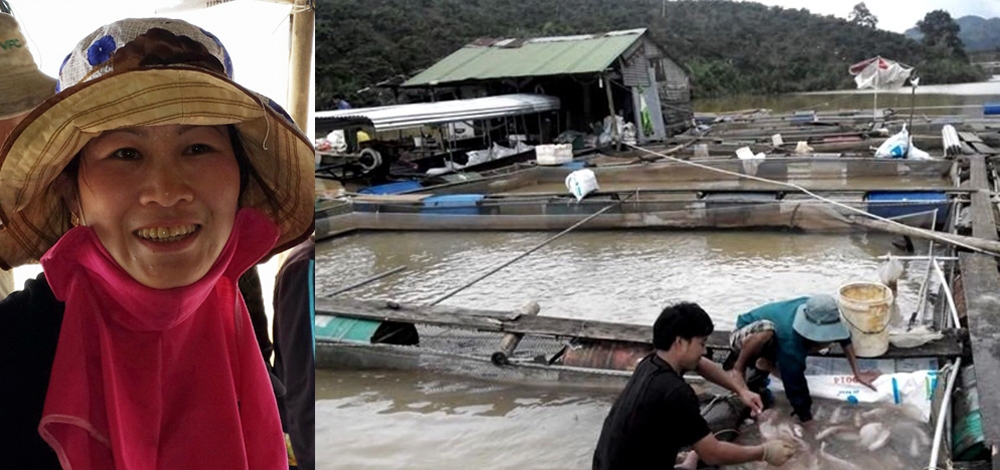 Chị Mai và mô hình nuôi cá lồng trên mặt nước của Nhà máy Thủy điện VRG Bảo Lộc.