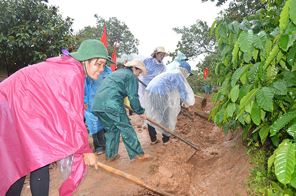 Mặc dù thời tiết mưa lớn kéo dài, nhưng các thành viên trong Đoàn công tác đều hăng hái tham gia thực hiện các chương trình phần việc đã đề ra theo kế hoạch. Ảnh: N.Ngà
