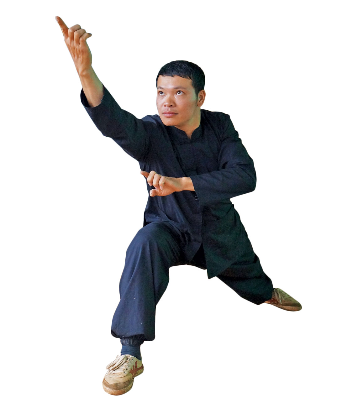 Chuẩn võ sư Vũ Huy Hoàng đang biểu diễn một đòn thế trong bài Hùng kê quyền. Ảnh: Trịnh Chu