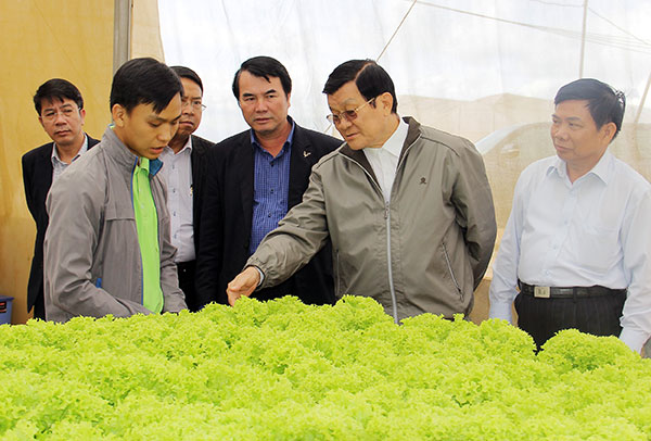 Đồng chí Trương Tấn Sang (thứ 2 từ phải qua) tham quan mô hình thủy canh rau xà lách