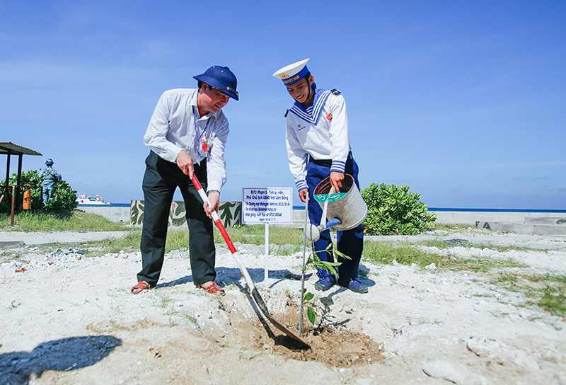 Phó Chủ tịch UBND tỉnh - Phạm S trồng cây đại mộc (một loại cây quý có nguồn gốc từ Indonesia) do tỉnh Lâm Đồng nhân giống tặng đảo Sơn Ca