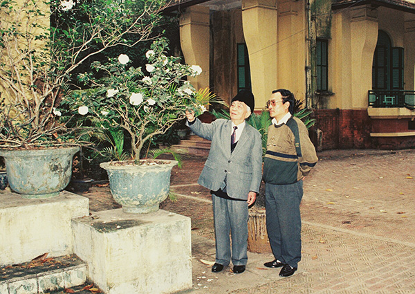 Đại tướng và nhà báo Trần Tuấn ngắm hoa bạch trà trong sân ngôi nhà 30 Hoàng Diệu. Ảnh nhân vật cung cấp 