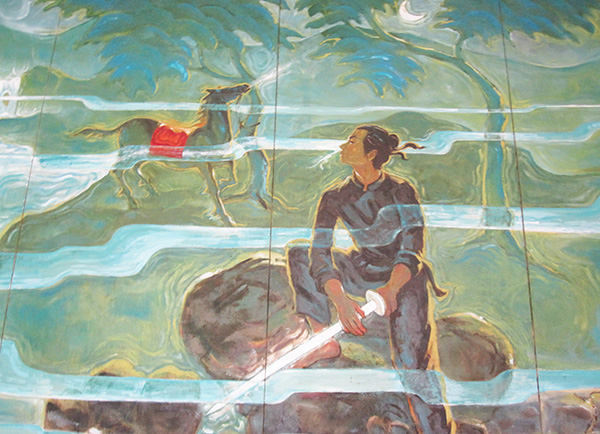 Bức ảnh sơn dầu với hình ảnh tráng sĩ cầm thanh gươm mài bên bờ suối. Ảnh chụp lại: N.H.K