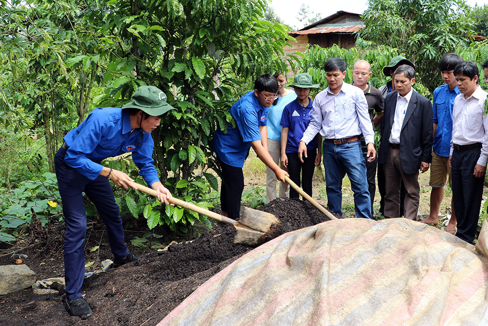 Sinh viên Đại học Đà Lạt mang công nghệ ủ phân từ vỏ cà phê và phụ phẩm nông nghiệp chuyển giao cho bà con trong chiến dịch mùa hè xanh. Ảnh: N.N