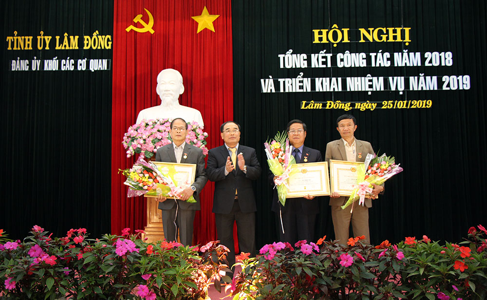 Đồng chí Vũ Kim Sinh – Bí thư Đảng ủy Khối các cơ quan tỉnh trao huy hiệu