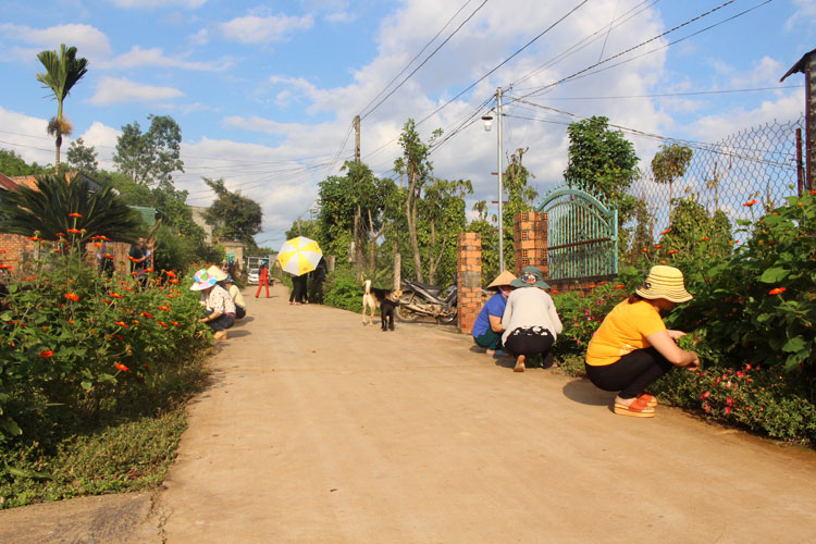 Phụ nữ thôn Hiệp Hòa (xã Ninh Gia) cùng nhau chăm sóc những luống hoa ven đường dẫn vào thôn. Ảnh: T.Vũ