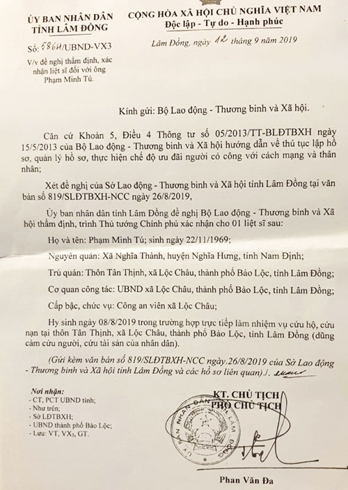 Đề nghị thẩm định, xác nhận liệt sĩ đối với công an viên Phạm Minh Tú