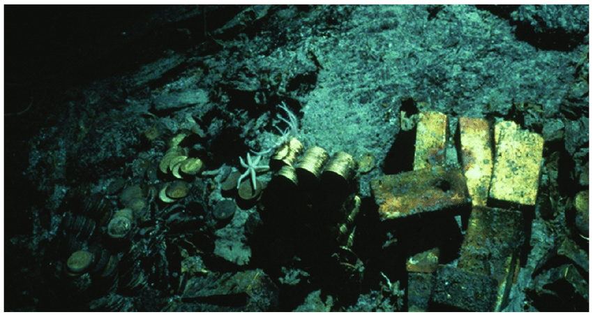   Hình ảnh những thỏi vàng và đồng tiền vàng lăn lóc dưới đáy biển ở khu vực xác tàu đắm SS Central America.