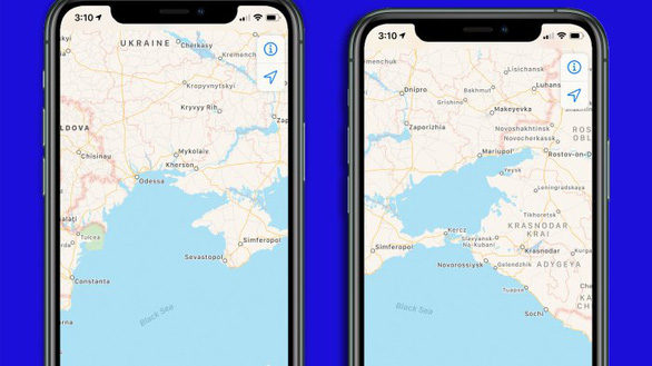 Ứng dụng Bản đồ của Apple cũng không cho thấy đường biên giới giữa Crimea và Nga - Ảnh chụp màn hình Fortune