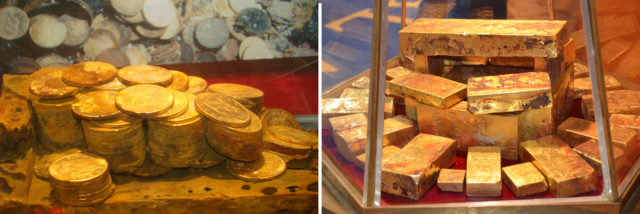 Tiền vàng và thỏi vàng từ tàu SS Central America được mang đi triển lãm