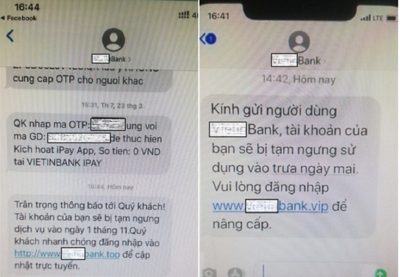 Hình ảnh một ngân hàng bị các đối tượng hack gửi tin nhắn Brand Name.