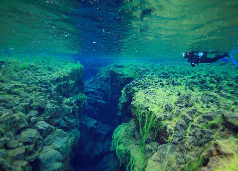 Rãnh Silfra ở Iceland. Đây là nơi bạn có cơ hội được lặn ở giữa mảng lục địa châu Âu và Bắc Mỹ. Vết nứt giữa 2 mảng lục địa này rộng thêm khoảng 2cm mỗi năm