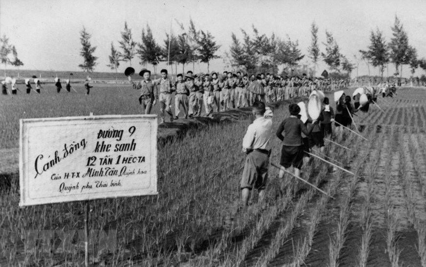 Phong trào Thanh niên 'Ba sẵn sàng' của Thái Bình: Người lên đường chiến đấu, người ở lại hậu phương thi đua sản xuất dưới bom đạn, (tháng 8/1964), sau khi Mỹ mở rộng đánh phá bằng không quân ra miền Bắc trong kháng chiến chống Mỹ, cứu nước. (Ảnh: Tư liệu/TTXVN)