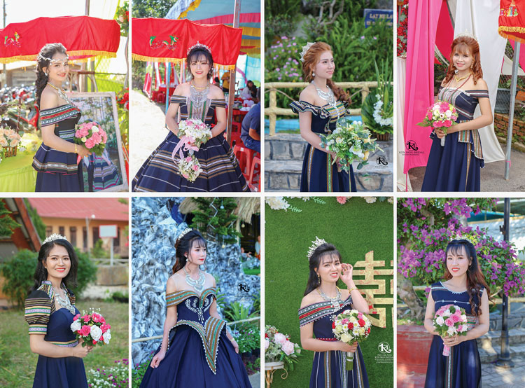 Những bộ váy cưới với kiểu dáng hiện đại được làm từ chất liệu thổ cẩm khiến các cô dâu K’Ho thêm xinh đẹp và hãnh diện về bản sắc dân tộc. (Ảnh: Nhân vật cung cấp)