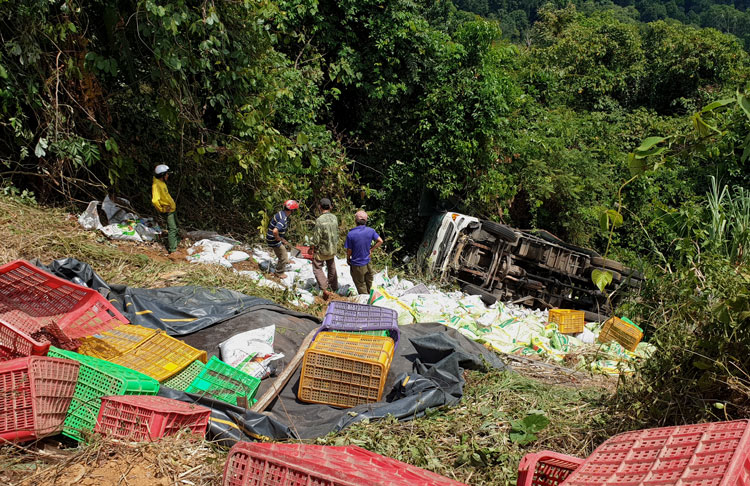 Chiếc xe tải gặp nạn cùng hàng trăm bao phân bón nằm gọn dưới vực sâu trên đèo Bảo Lộc