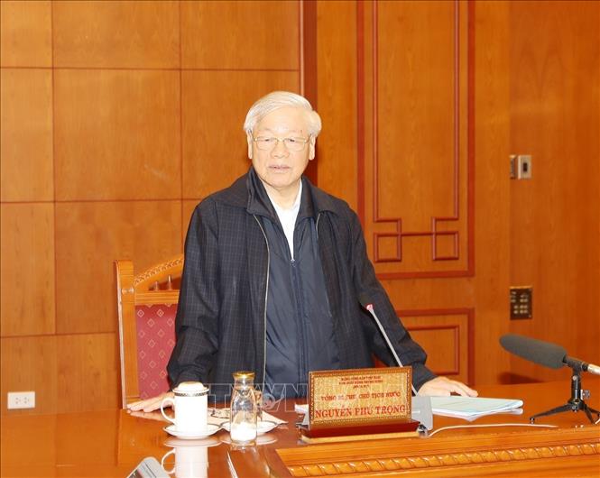 Tổng Bí thư, Chủ tịch nước Nguyễn Phú Trọng, Trưởng Tiểu ban Nhân sự Đại hội XIII của Đảng phát biểu chỉ đạo cuộc họp
