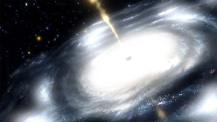 Hình ảnh minh họa một hố đen phun ra những luồng sáng mạnh mẽ