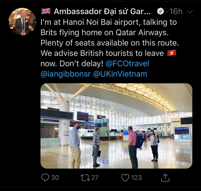 Tweet của Đại sứ Anh trên twitter ngày hôm qua
