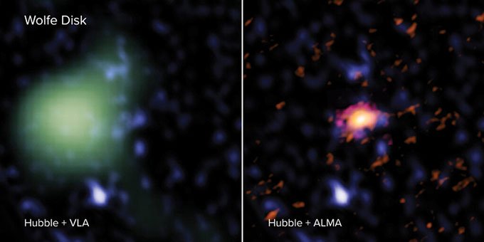 Ảnh chụp thiên hà Wolfe Disk từ bộ ba kính viễn vọng ALMA, Hubble và VLA